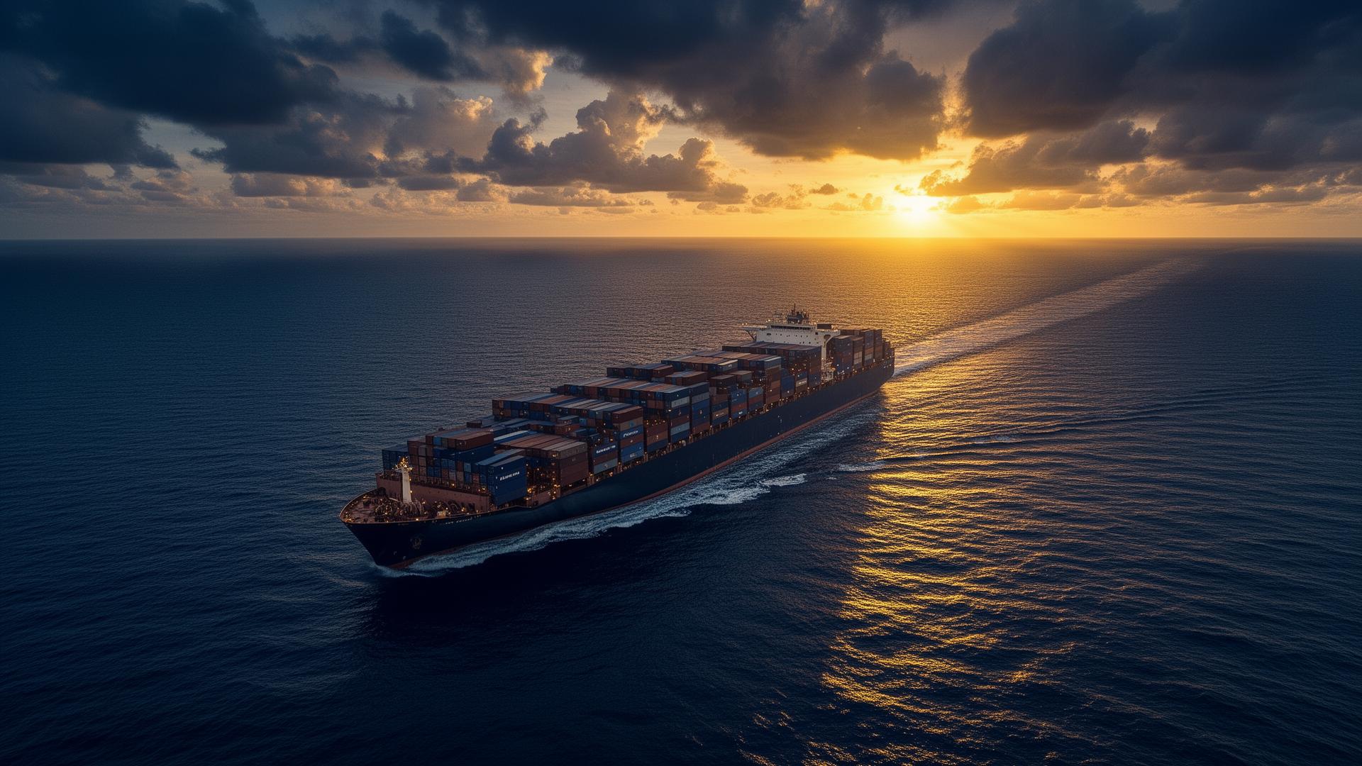 Container ship at sunset crossing open ocean